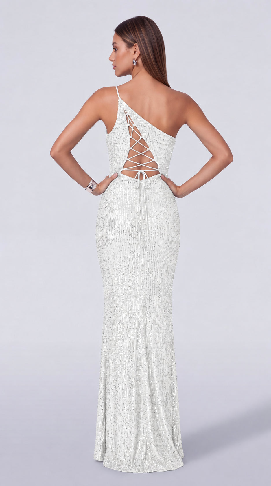One-Shoulder Sequin Cutout Waist Mermaid Gown with Slit – Prom & Evening Dress - White - View 8