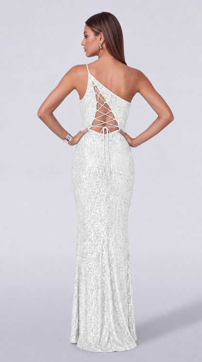 One-Shoulder Sequin Cutout Waist Mermaid Gown with Slit – Prom & Evening Dress - White - View 8