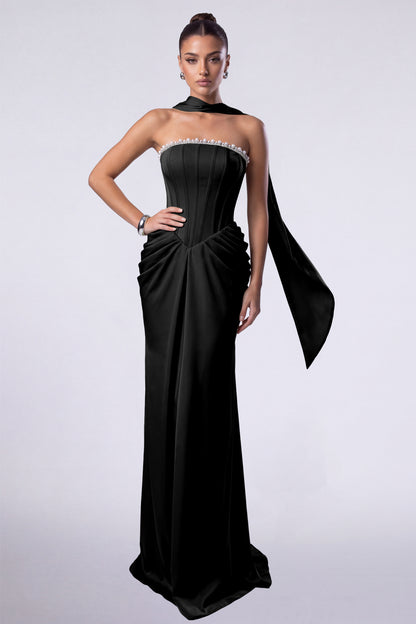 MEXMY Crystal-Trim Strapless Satin Corset Gown with Sash - Black - View 1