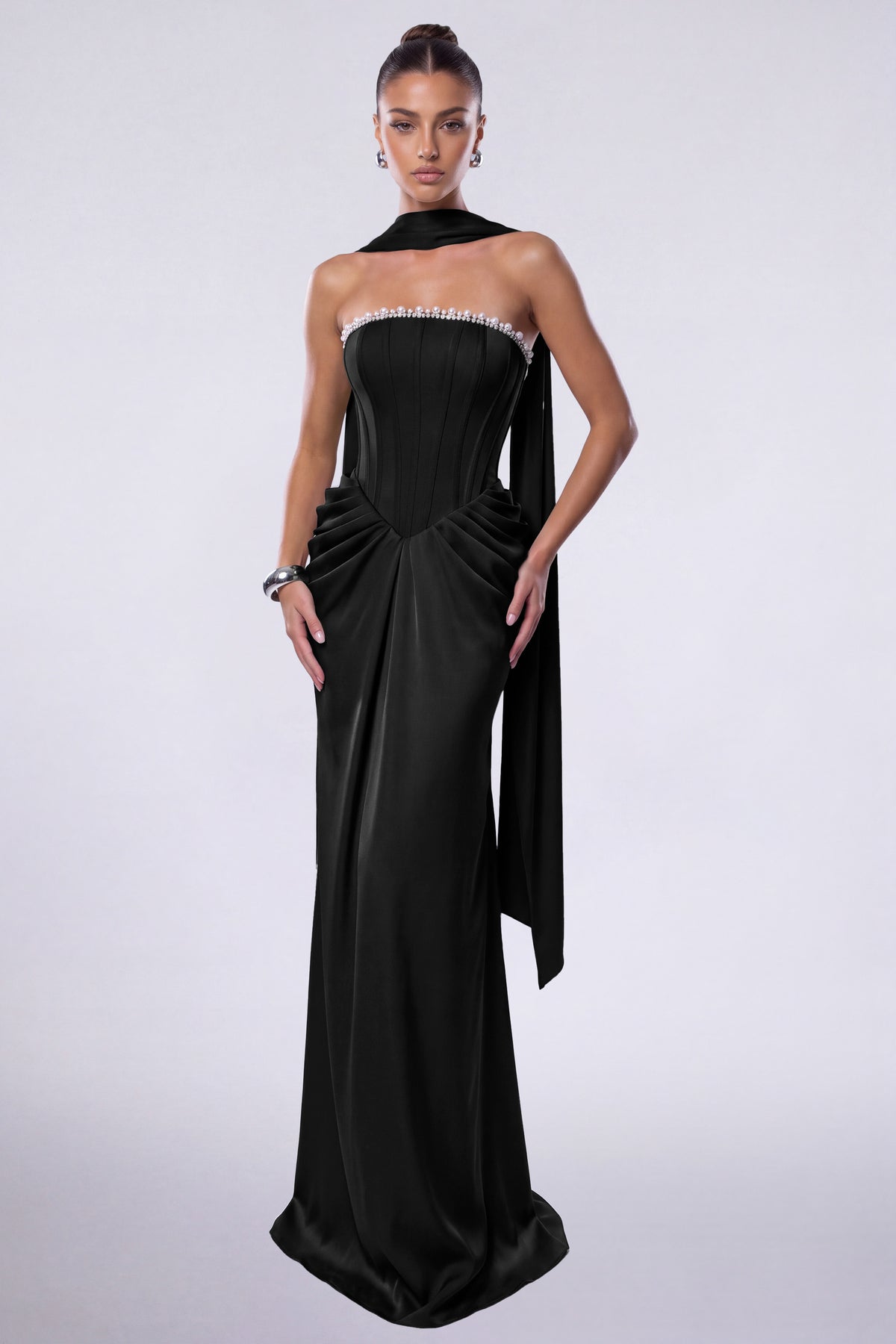 MEXMY Crystal-Trim Strapless Satin Corset Gown with Sash - Black - View 2