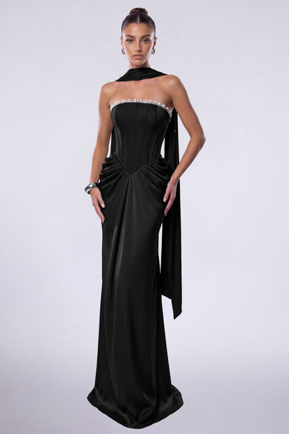 MEXMY Crystal-Trim Strapless Satin Corset Gown with Sash - Black - View 2