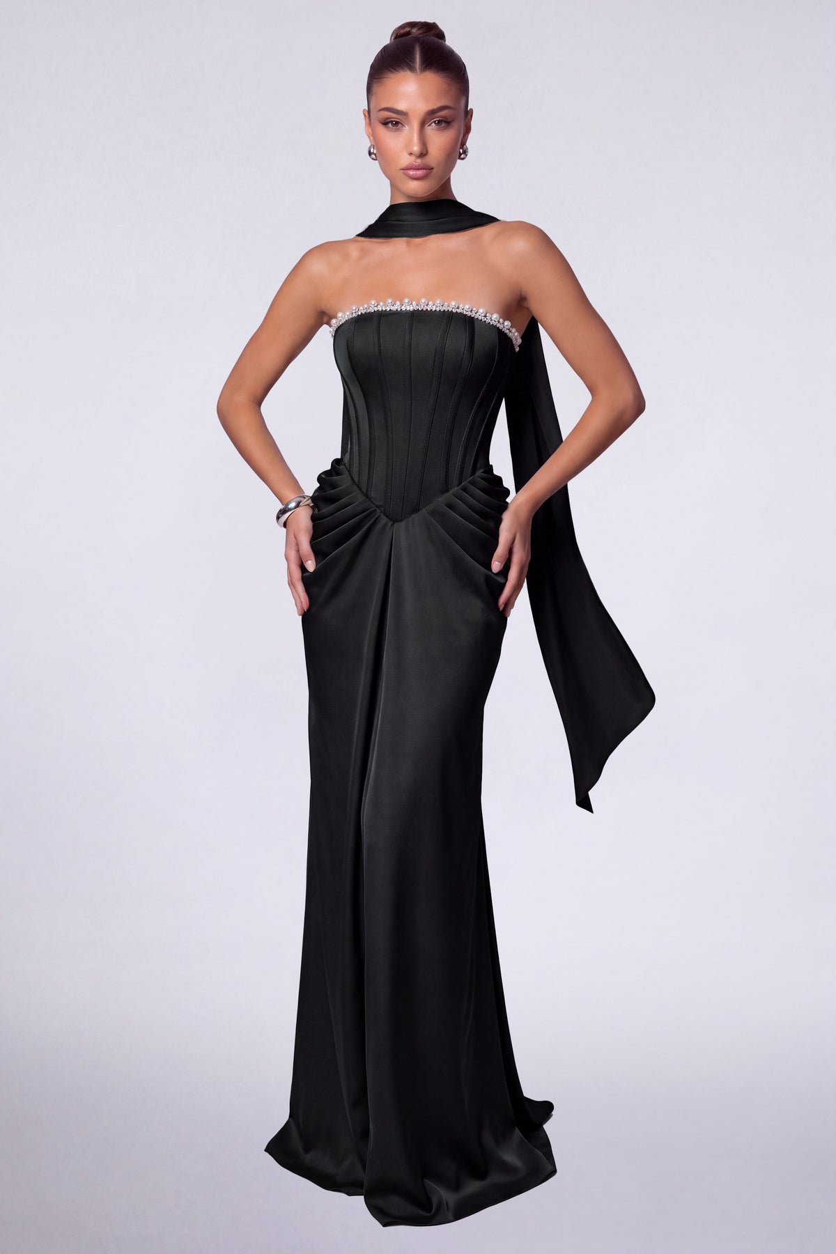 MEXMY Crystal-Trim Strapless Satin Corset Gown with Sash - Black - View 3