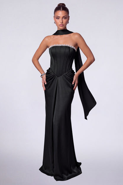 MEXMY Crystal-Trim Strapless Satin Corset Gown with Sash - Black - View 3
