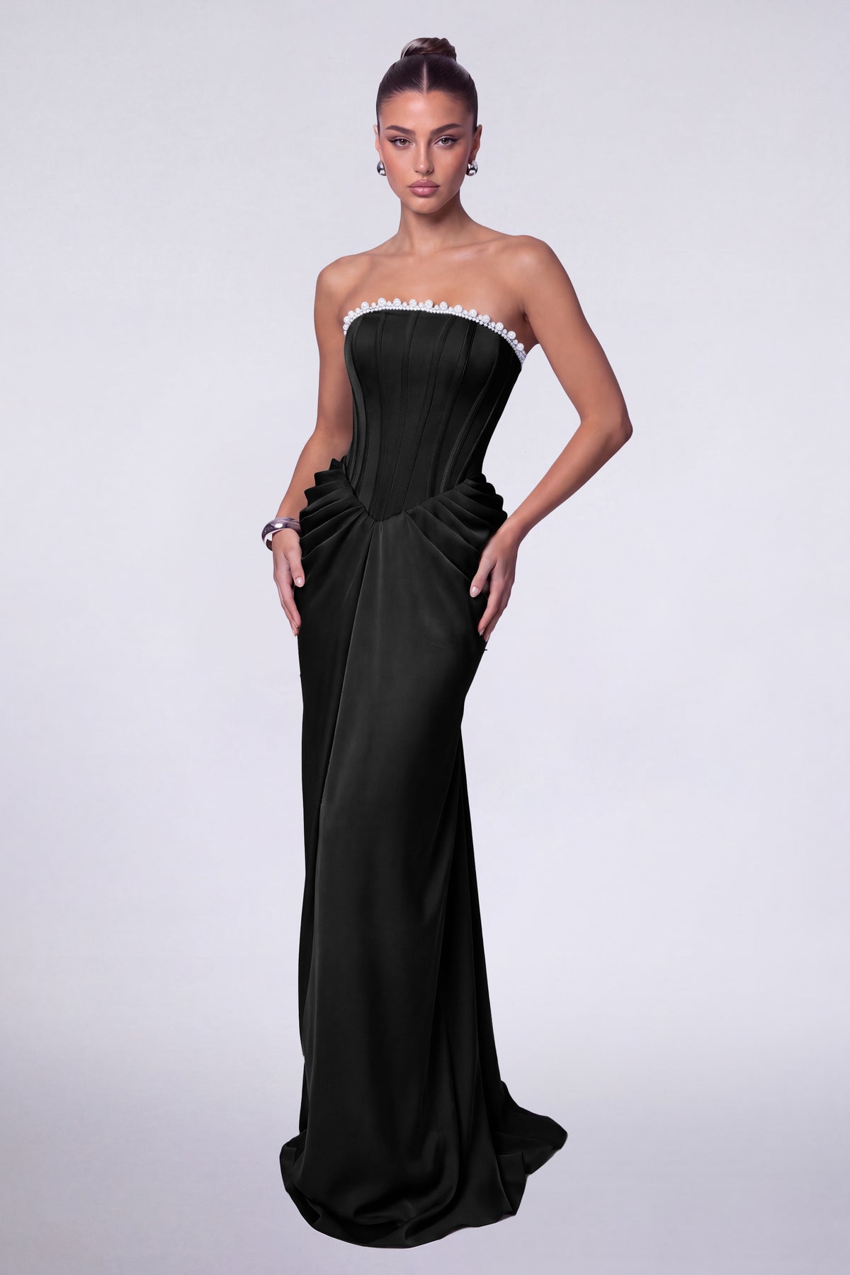 MEXMY Crystal-Trim Strapless Satin Corset Gown with Sash - Black - View 4
