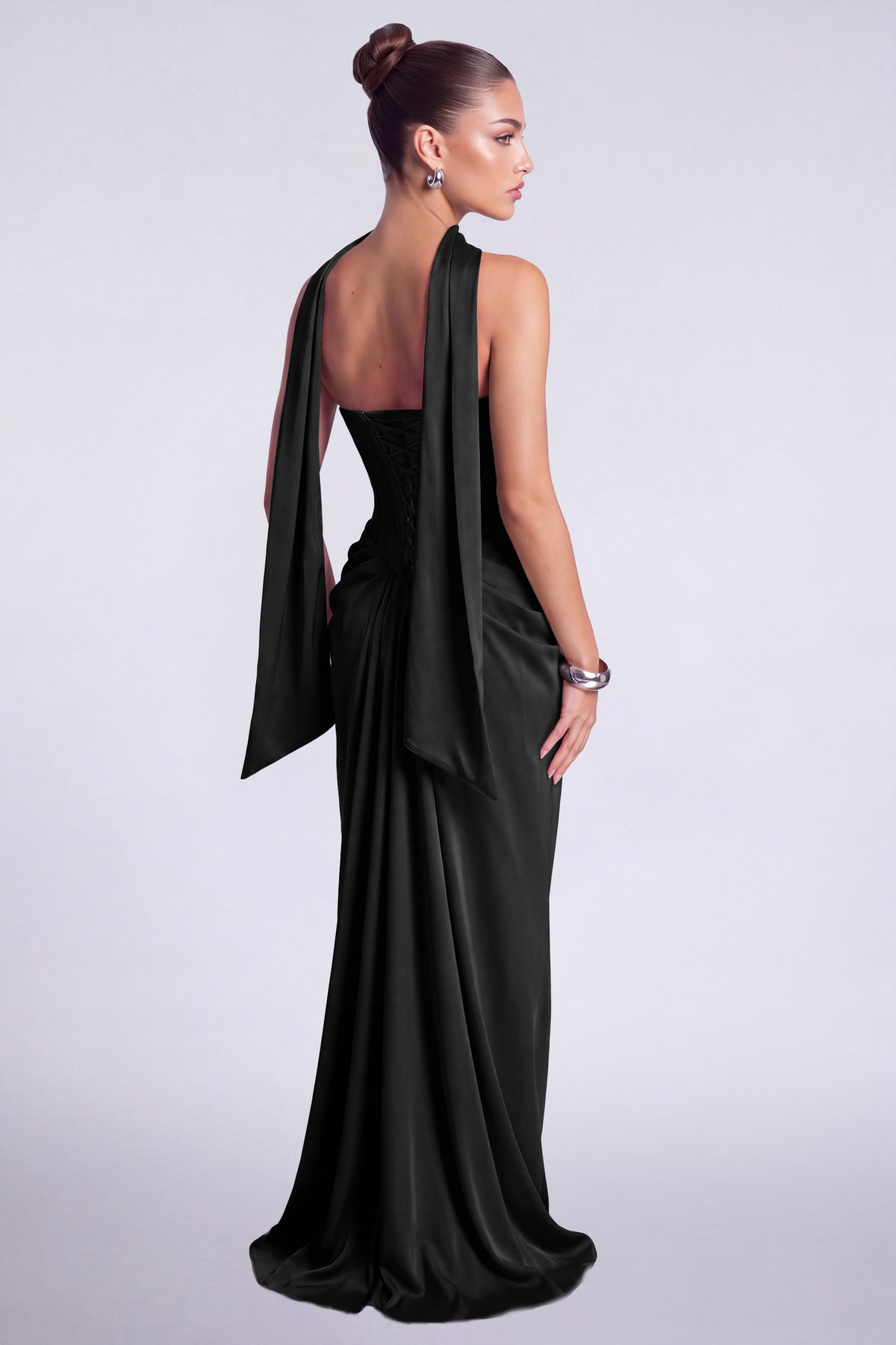 MEXMY Crystal-Trim Strapless Satin Corset Gown with Sash - Black - View 5