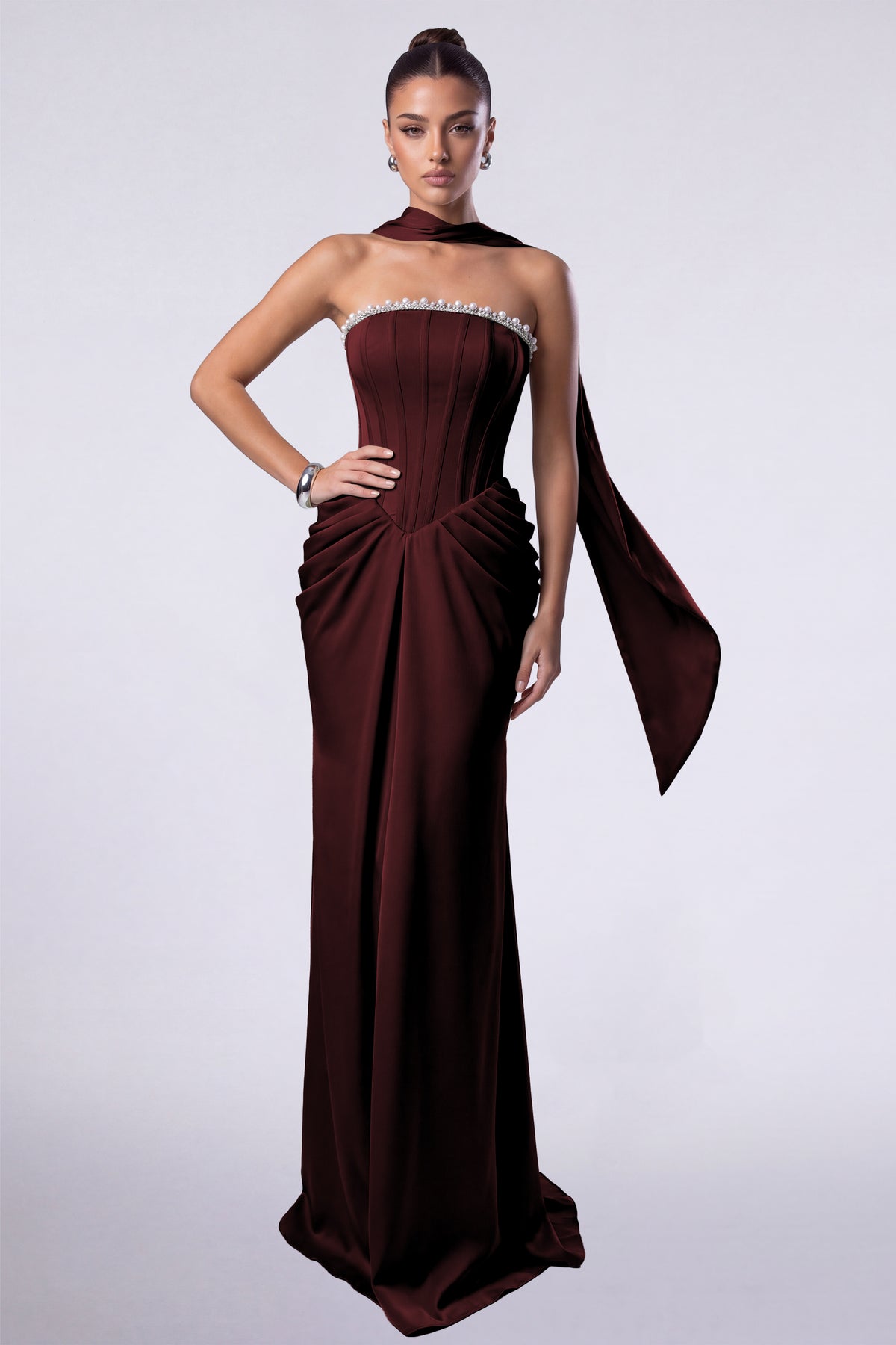 MEXMY Crystal-Trim Strapless Satin Corset Gown with Sash - Burgundy - View 1