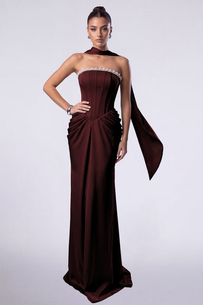 MEXMY Crystal-Trim Strapless Satin Corset Gown with Sash - Burgundy - View 1