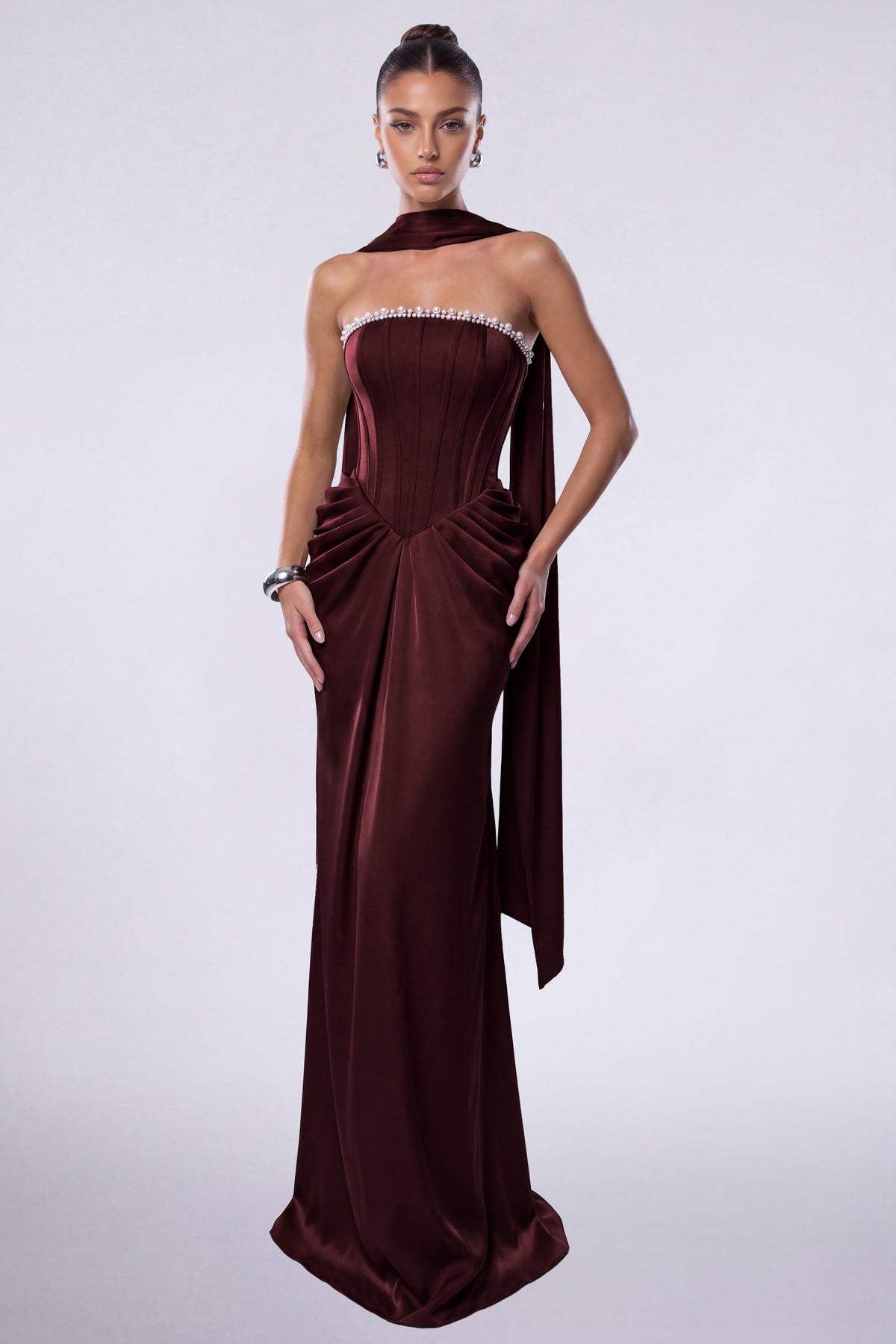 MEXMY Crystal-Trim Strapless Satin Corset Gown with Sash - Burgundy - View 2