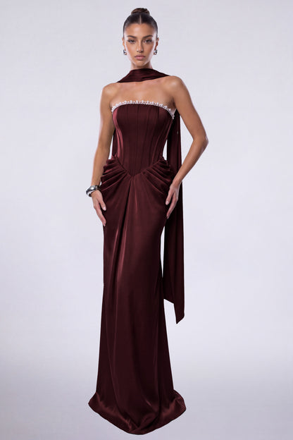 MEXMY Crystal-Trim Strapless Satin Corset Gown with Sash - Burgundy - View 2