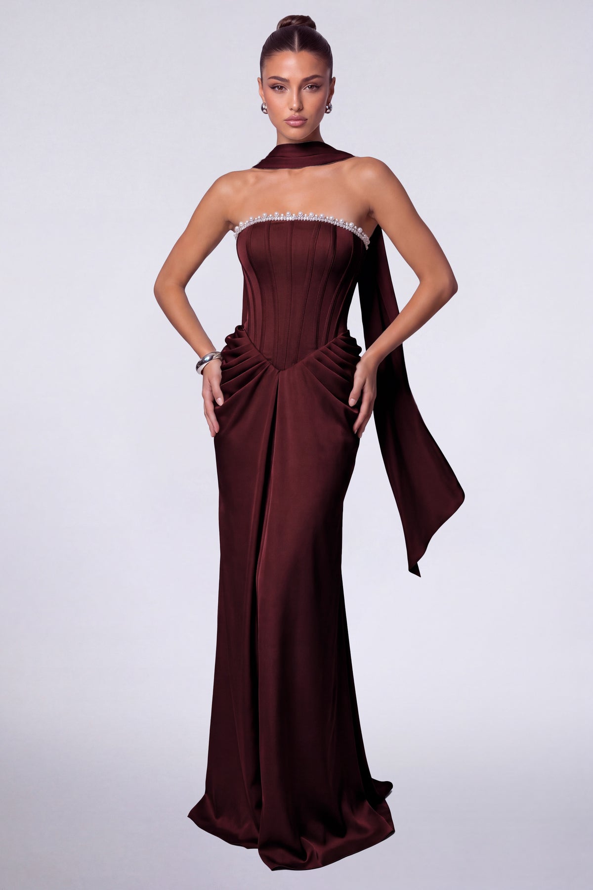 MEXMY Crystal-Trim Strapless Satin Corset Gown with Sash - Burgundy - View 3
