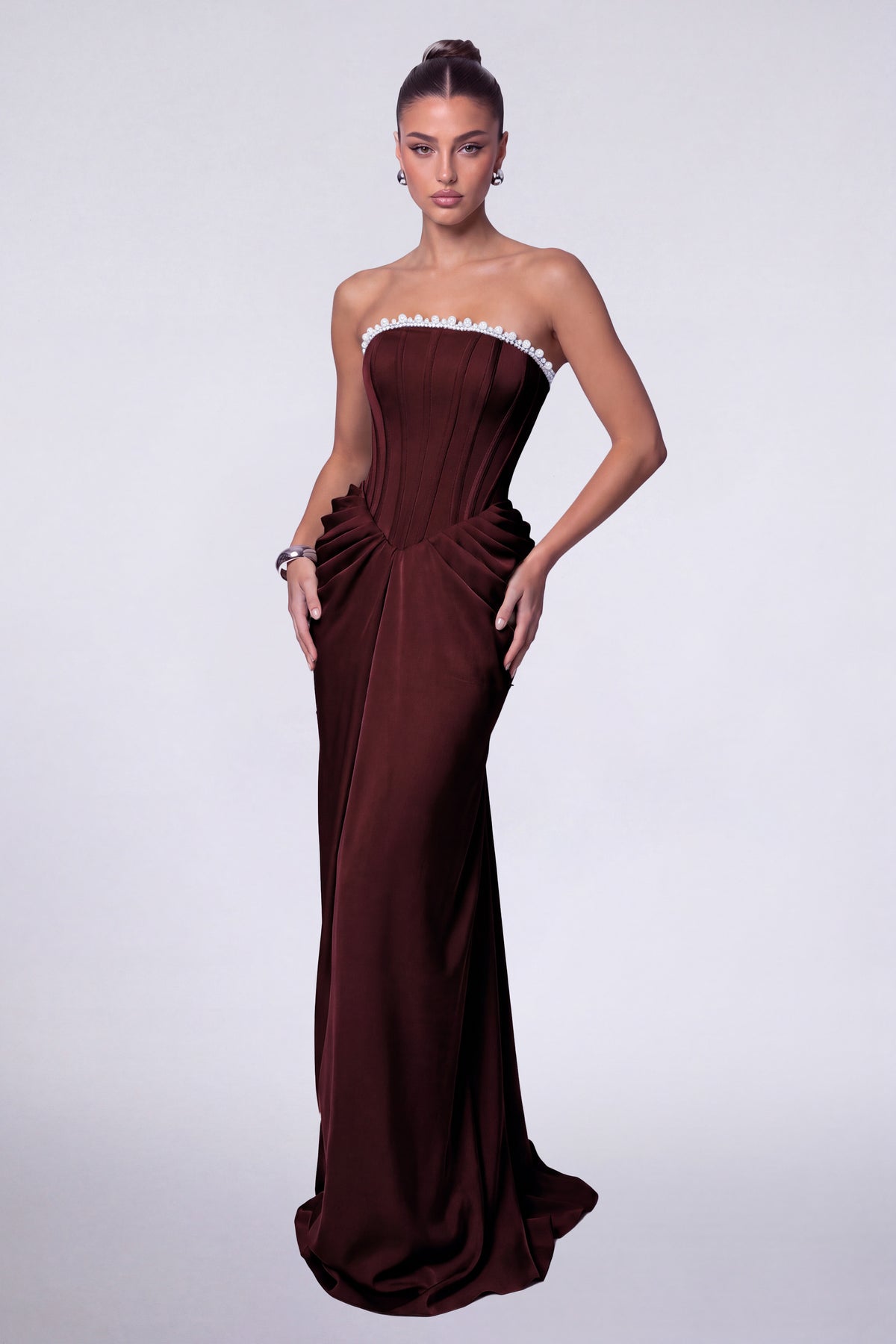 MEXMY Crystal-Trim Strapless Satin Corset Gown with Sash - Burgundy - View 4