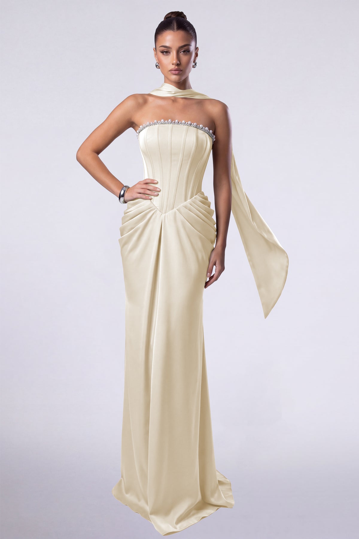 MEXMY Crystal-Trim Strapless Satin Corset Gown with Sash - Champagne - View 1