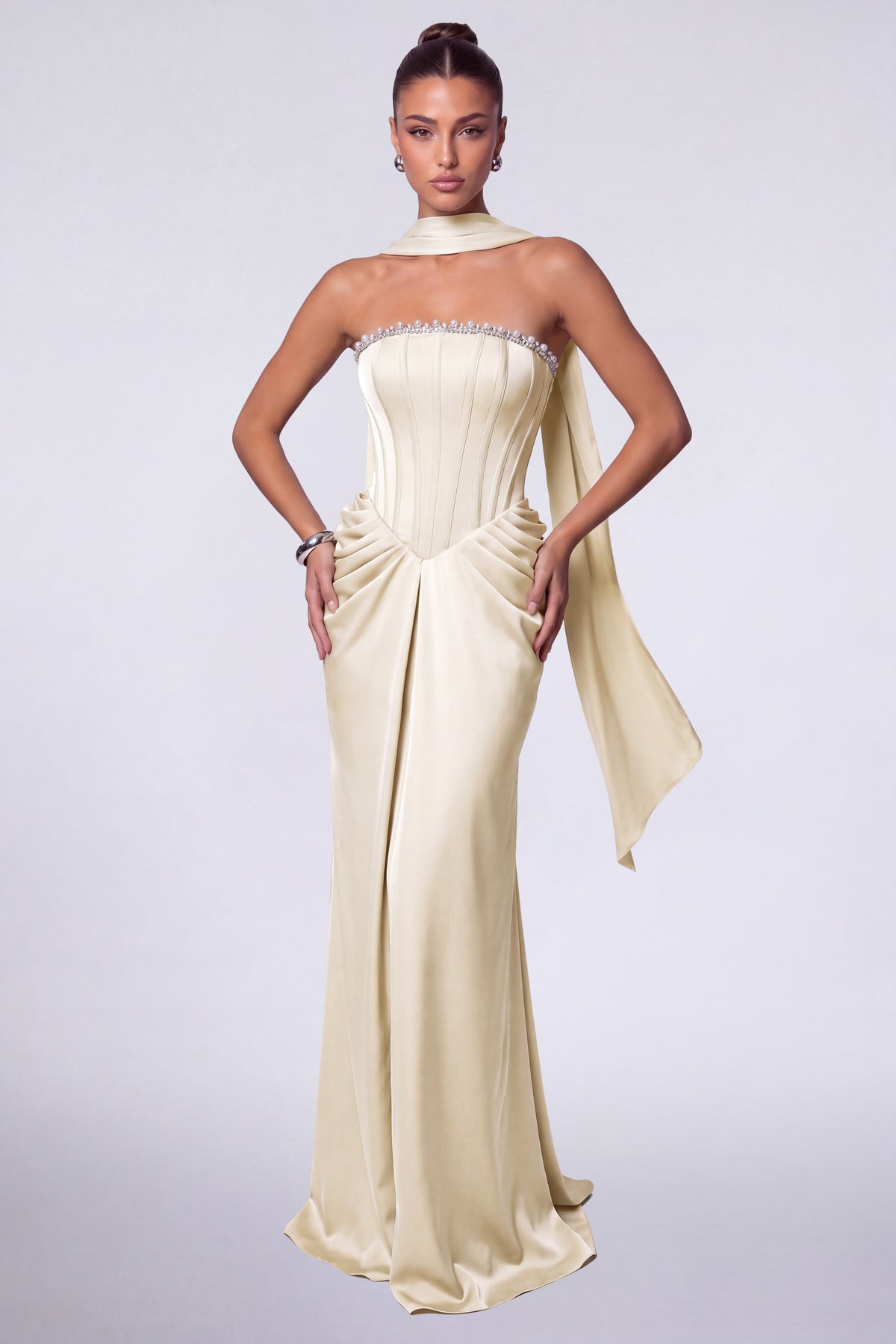 MEXMY Crystal-Trim Strapless Satin Corset Gown with Sash - Champagne - View 3