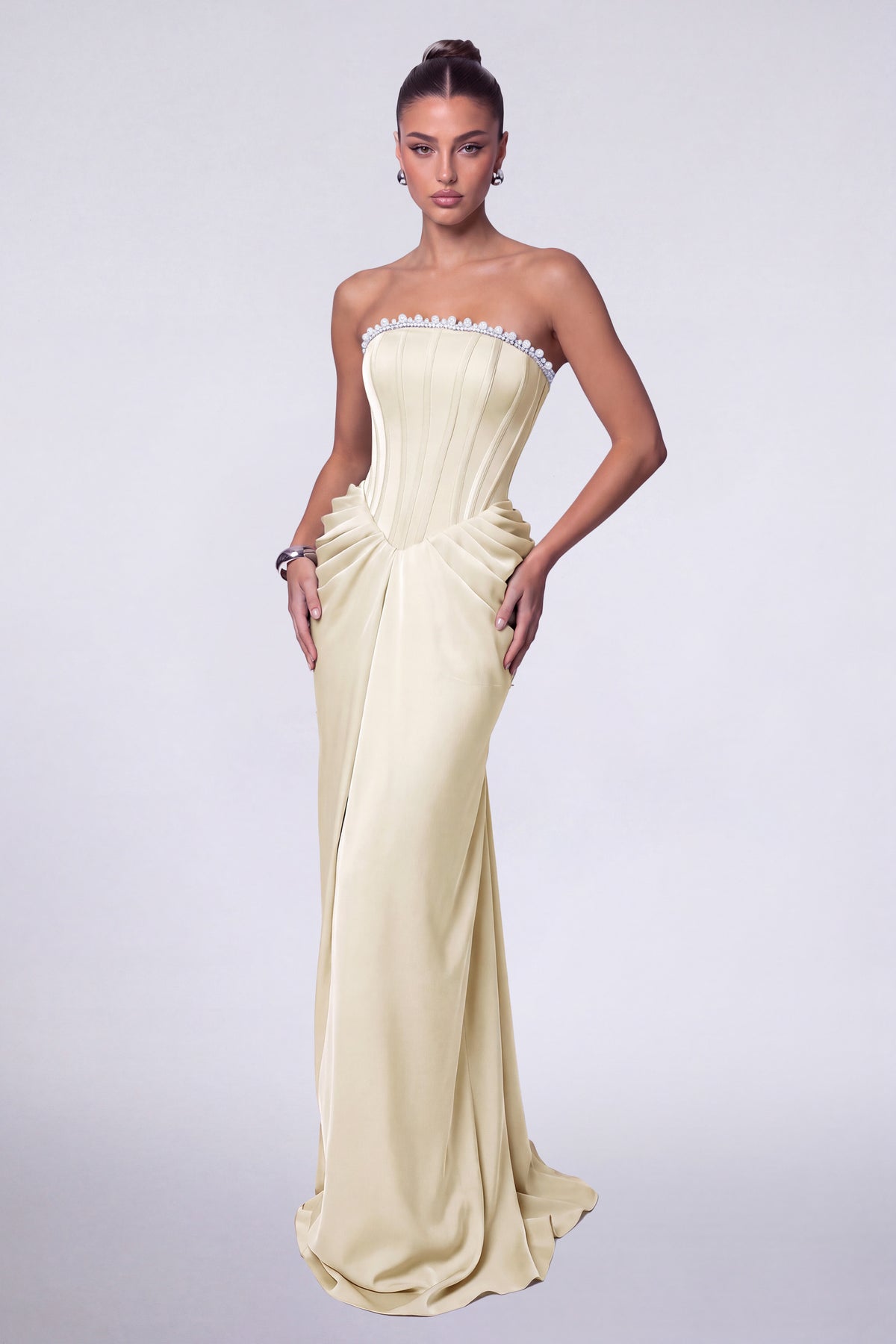 MEXMY Crystal-Trim Strapless Satin Corset Gown with Sash - Champagne - View 4