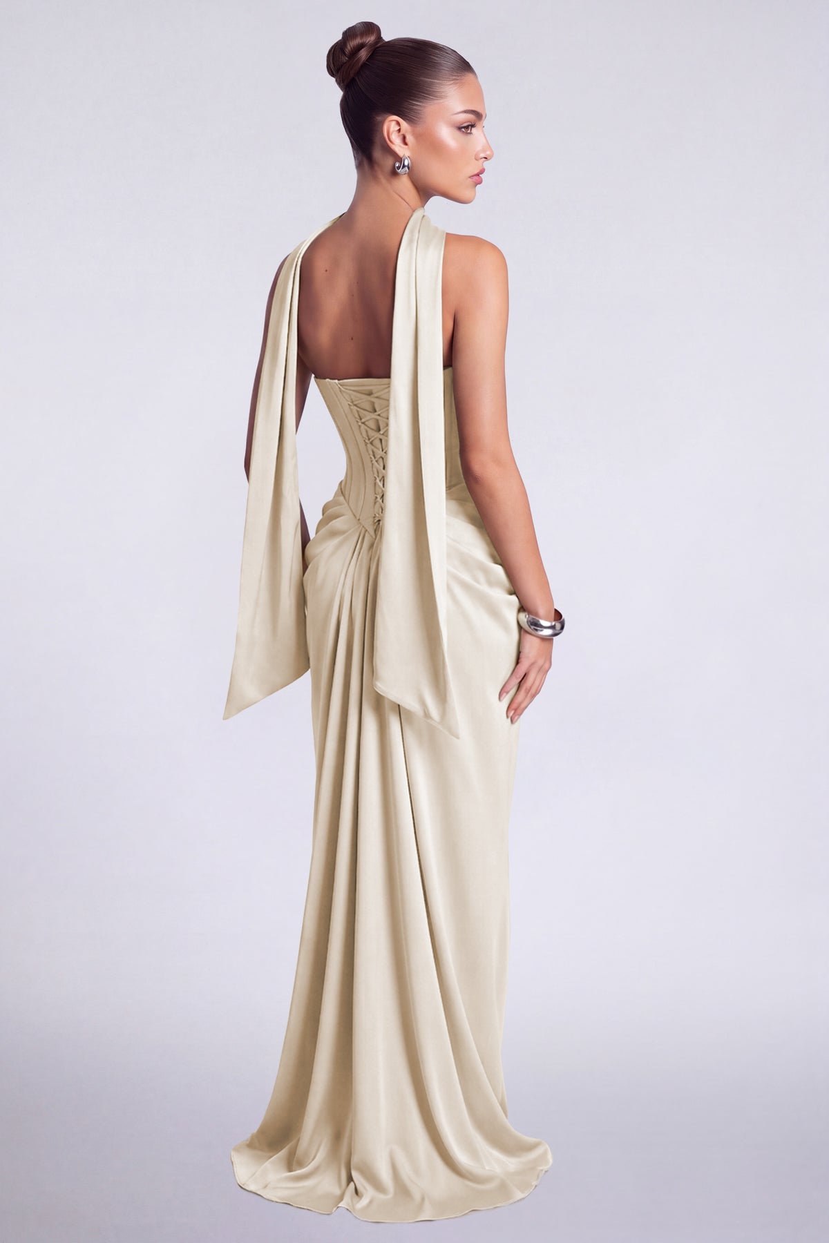 MEXMY Crystal-Trim Strapless Satin Corset Gown with Sash - Champagne - View 5