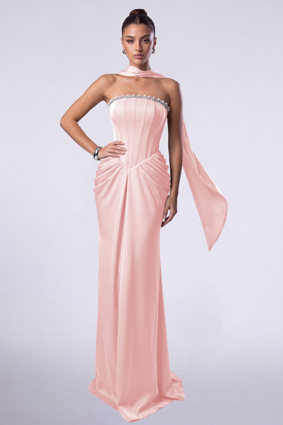 MEXMY Crystal-Trim Strapless Satin Corset Gown with Sash - Light Pink - View 1