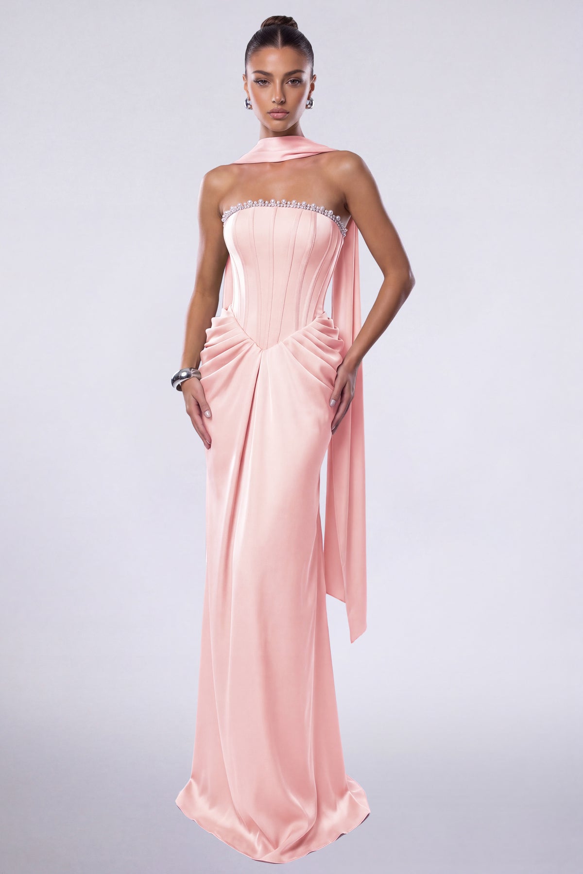 MEXMY Crystal-Trim Strapless Satin Corset Gown with Sash - Light Pink - View 2