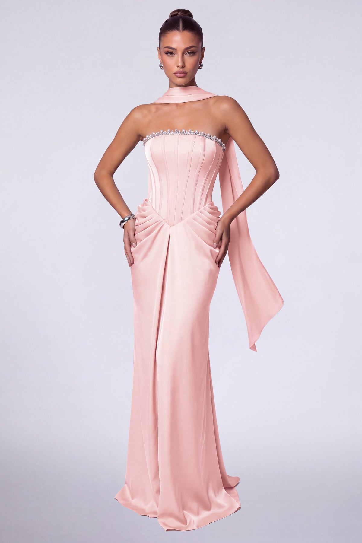 MEXMY Crystal-Trim Strapless Satin Corset Gown with Sash - Light Pink - View 3