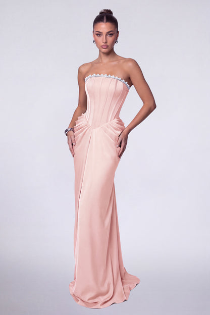 MEXMY Crystal-Trim Strapless Satin Corset Gown with Sash - Light Pink - View 4
