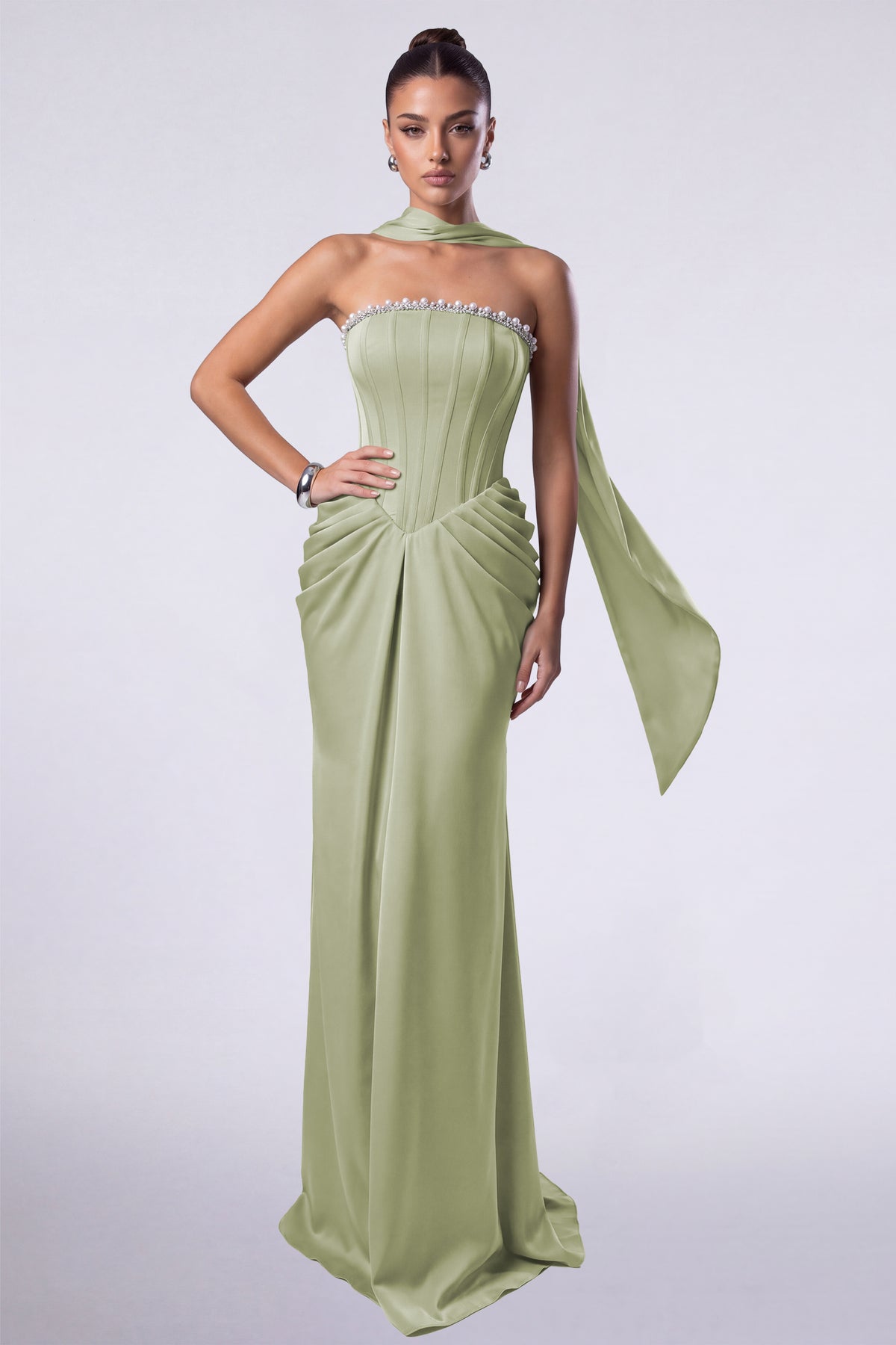 MEXMY Crystal-Trim Strapless Satin Corset Gown with Sash - Sage Green - View 1