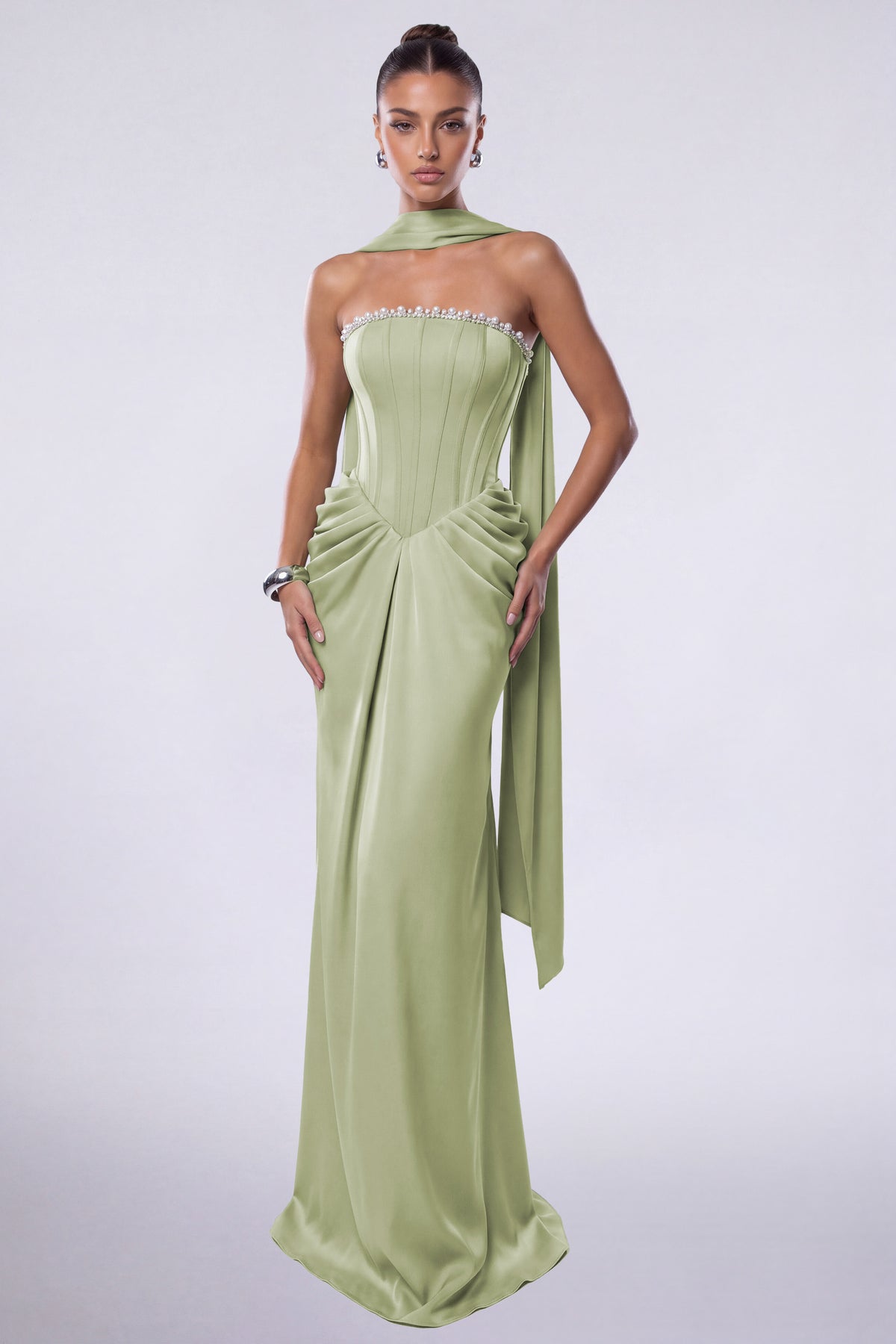 MEXMY Crystal-Trim Strapless Satin Corset Gown with Sash - Sage Green - View 2