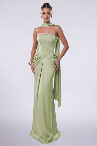 MEXMY Crystal-Trim Strapless Satin Corset Gown with Sash - Sage Green - View 2