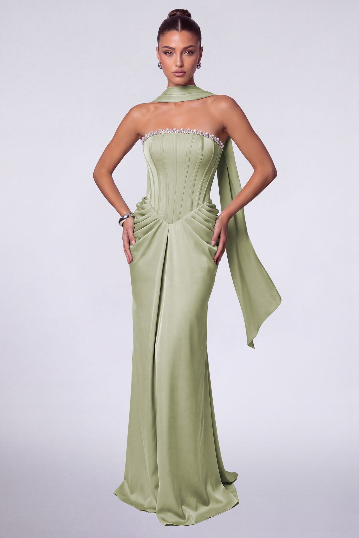 MEXMY Crystal-Trim Strapless Satin Corset Gown with Sash - Sage Green - View 3