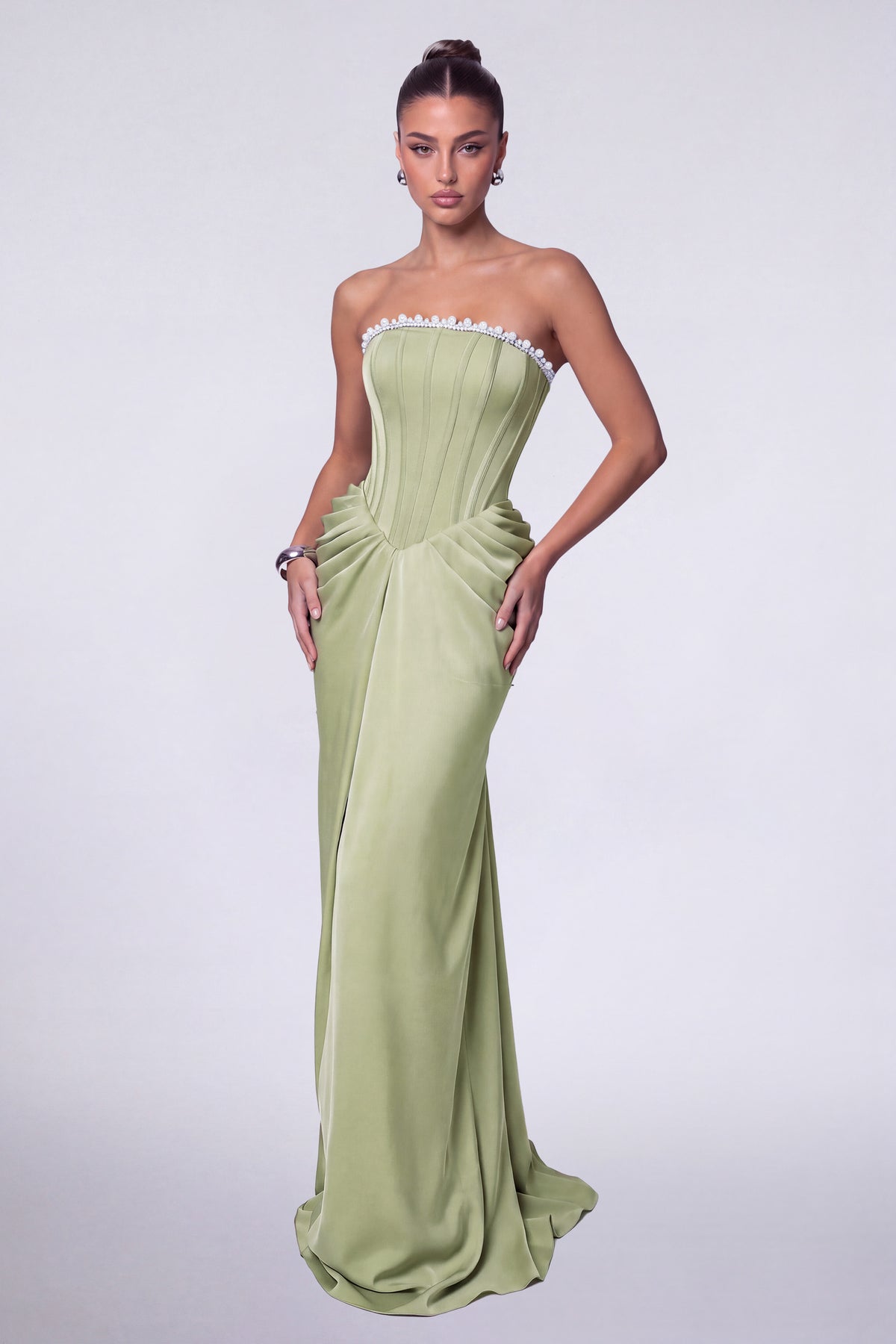 MEXMY Crystal-Trim Strapless Satin Corset Gown with Sash - Sage Green - View 4