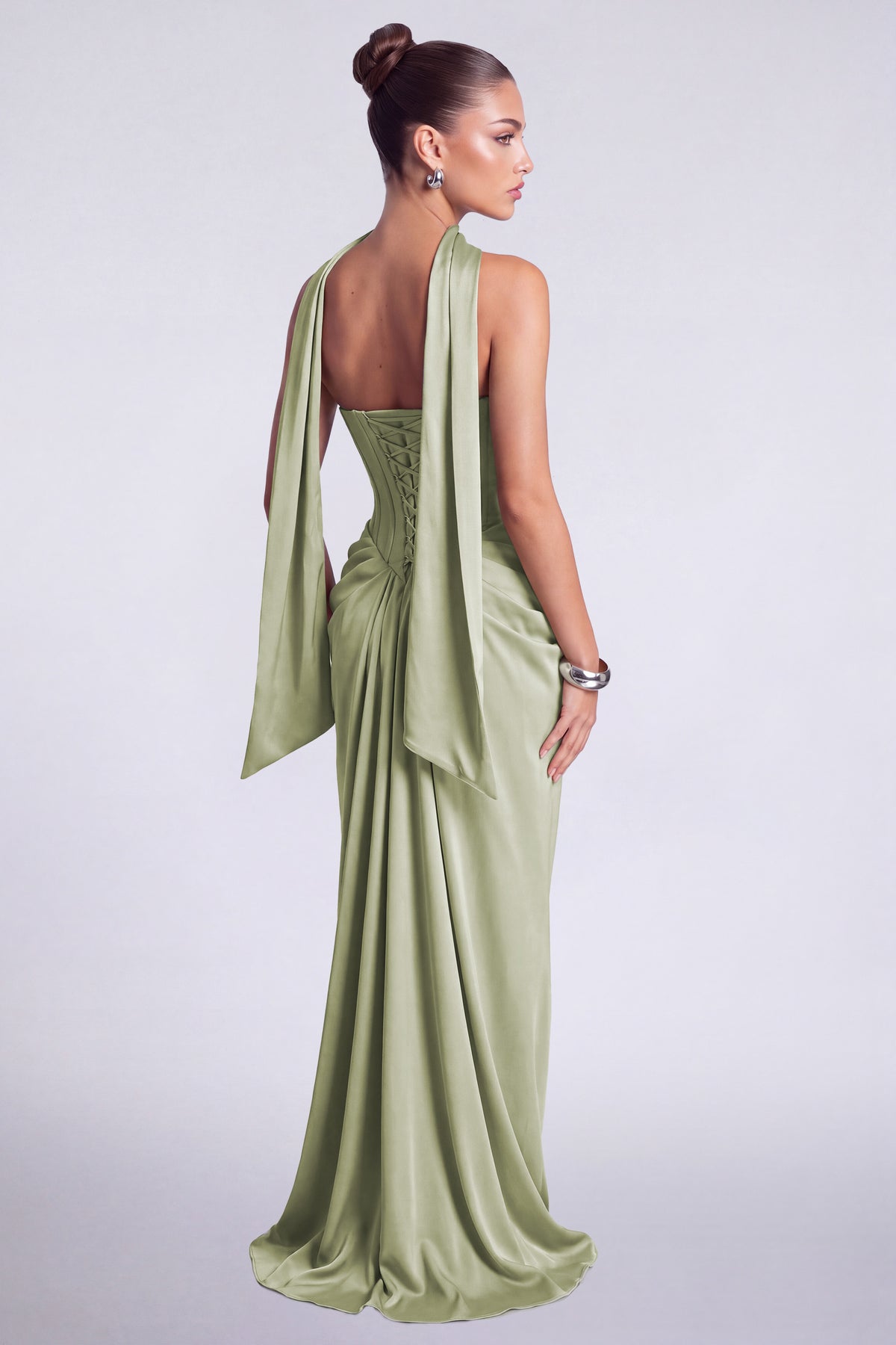 MEXMY Crystal-Trim Strapless Satin Corset Gown with Sash - Sage Green - View 5