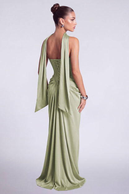 MEXMY Crystal-Trim Strapless Satin Corset Gown with Sash - Sage Green - View 5
