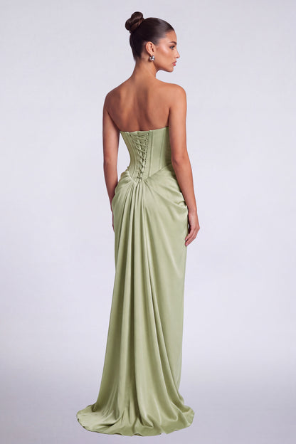 MEXMY Crystal-Trim Strapless Satin Corset Gown with Sash - Sage Green - View 6