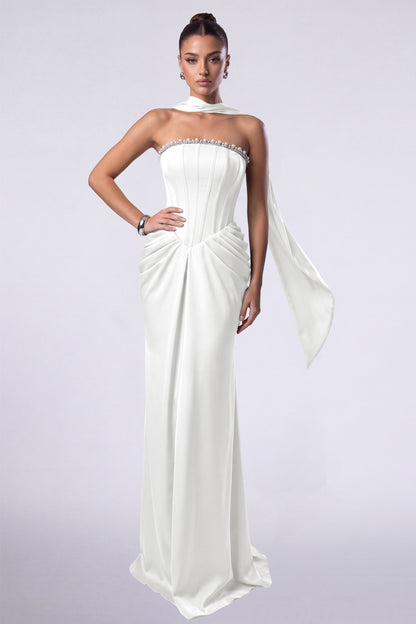 MEXMY Crystal-Trim Strapless Satin Corset Gown with Sash - White - View 1