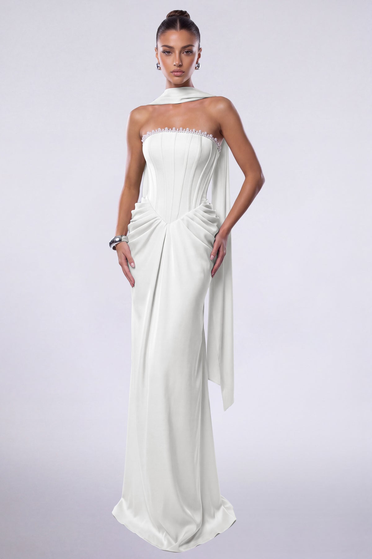 MEXMY Crystal-Trim Strapless Satin Corset Gown with Sash - White - View 2