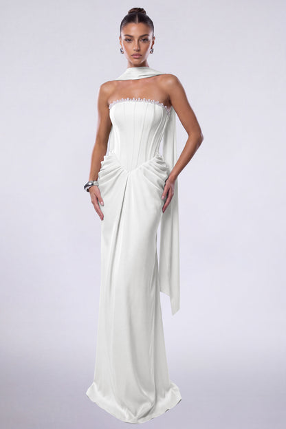 MEXMY Crystal-Trim Strapless Satin Corset Gown with Sash - White - View 2