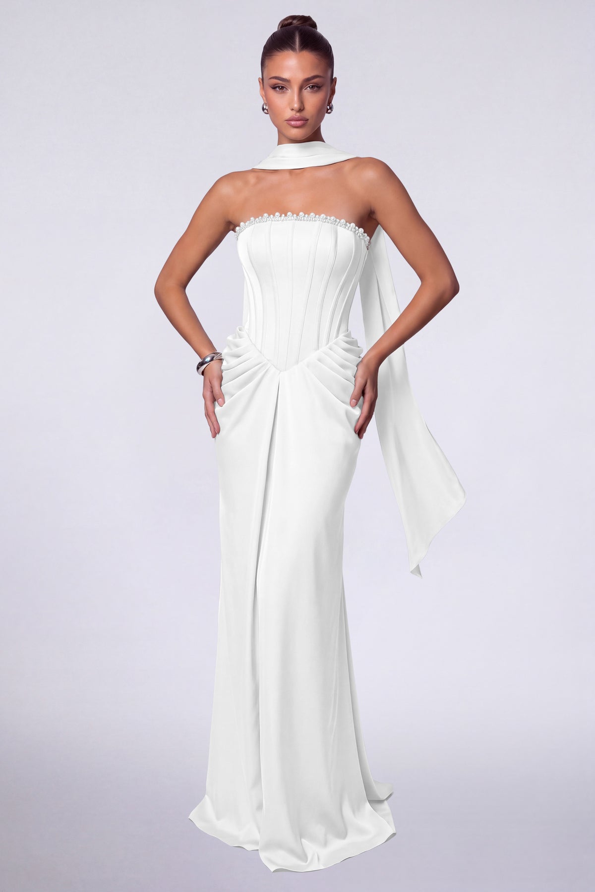 MEXMY Crystal-Trim Strapless Satin Corset Gown with Sash - White - View 3