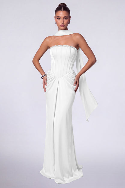 MEXMY Crystal-Trim Strapless Satin Corset Gown with Sash - White - View 3