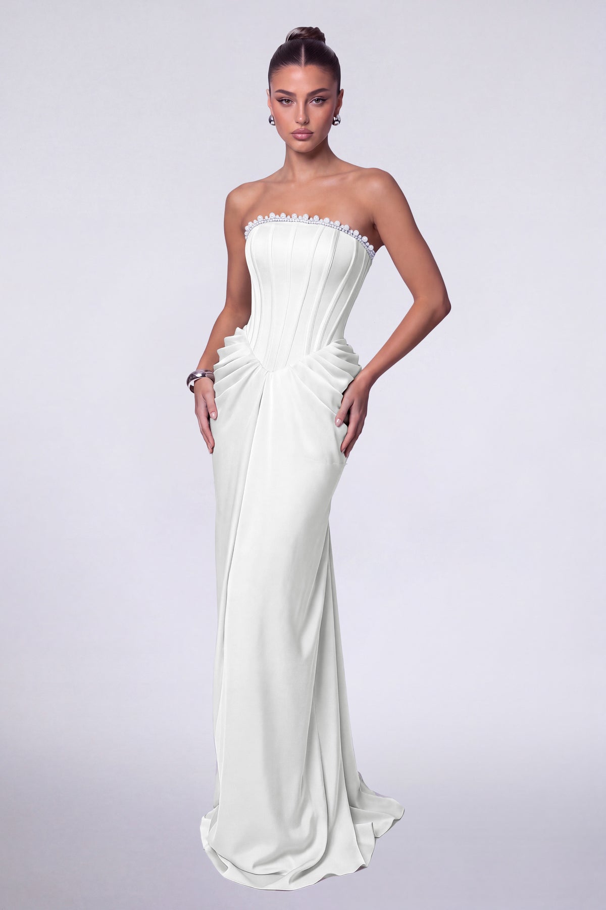 MEXMY Crystal-Trim Strapless Satin Corset Gown with Sash - White - View 4