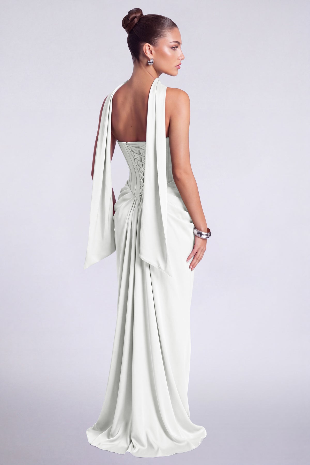 MEXMY Crystal-Trim Strapless Satin Corset Gown with Sash - White - View 5