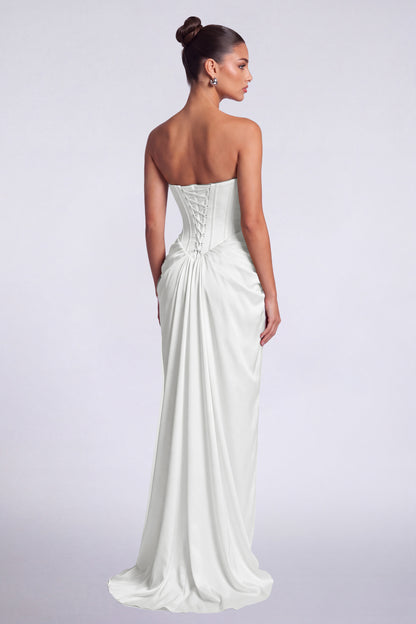 MEXMY Crystal-Trim Strapless Satin Corset Gown with Sash - White - View 6