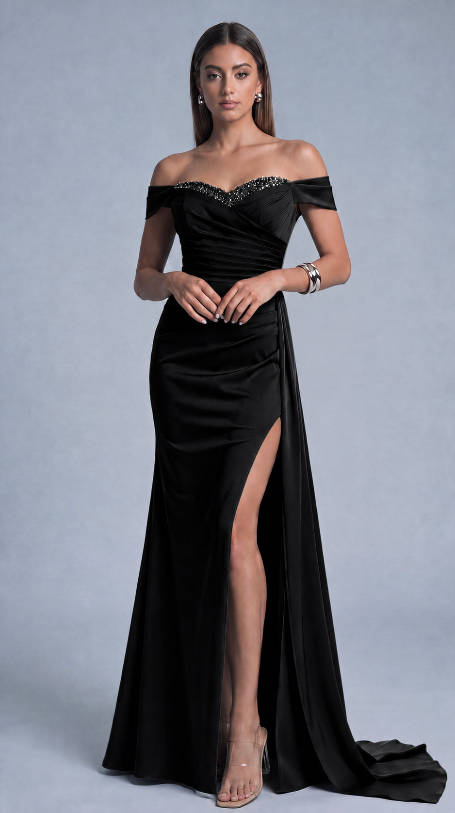 Beaded Off-Shoulder Ruched Slit Mermaid Gown with Train – Prom & Evening Dress - Black - View 2
