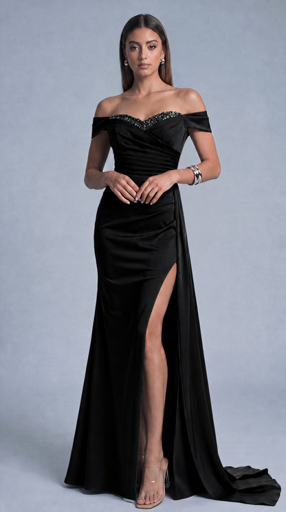 Beaded Off-Shoulder Ruched Slit Mermaid Gown with Train – Prom & Evening Dress - Black - View 2