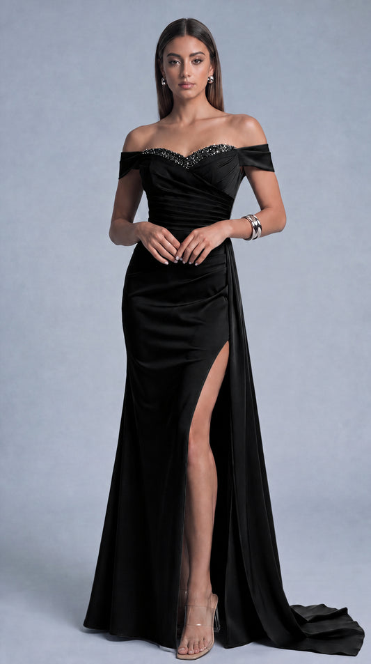 Beaded Off-Shoulder Ruched Slit Mermaid Gown with Train – Prom & Evening Dress - Black - View 2