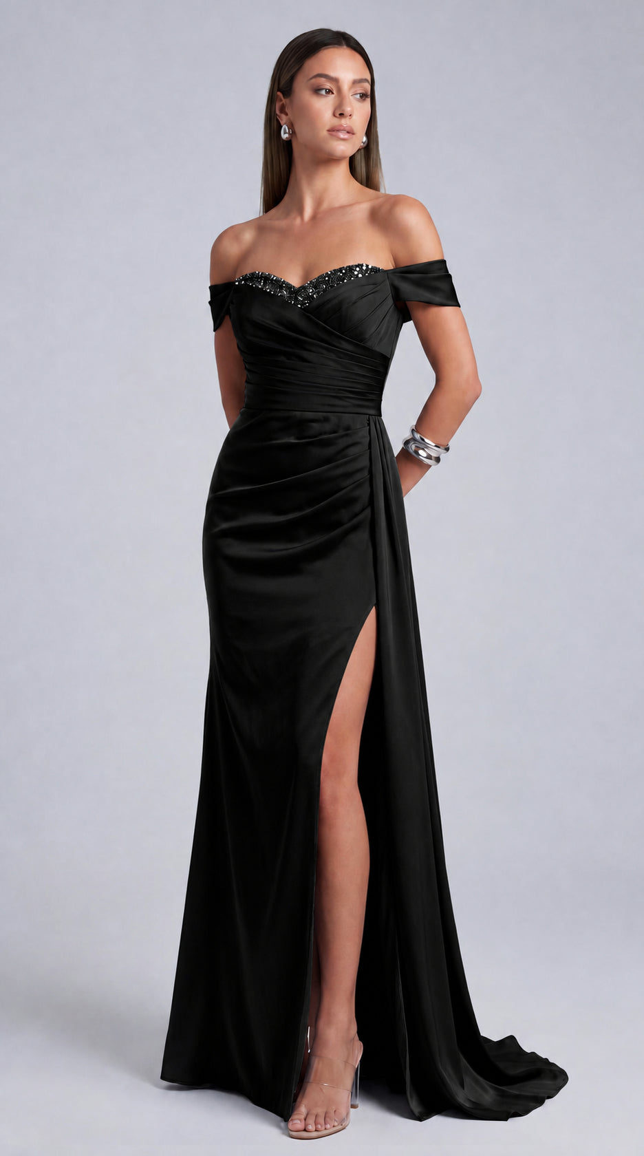 Beaded Off-Shoulder Ruched Slit Mermaid Gown with Train – Prom & Evening Dress - Black - View 3