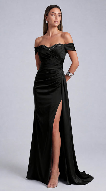 Beaded Off-Shoulder Ruched Slit Mermaid Gown with Train – Prom & Evening Dress - Black - View 3
