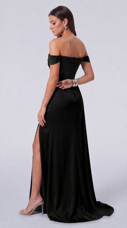 Beaded Off-Shoulder Ruched Slit Mermaid Gown with Train – Prom & Evening Dress - Black - View 6