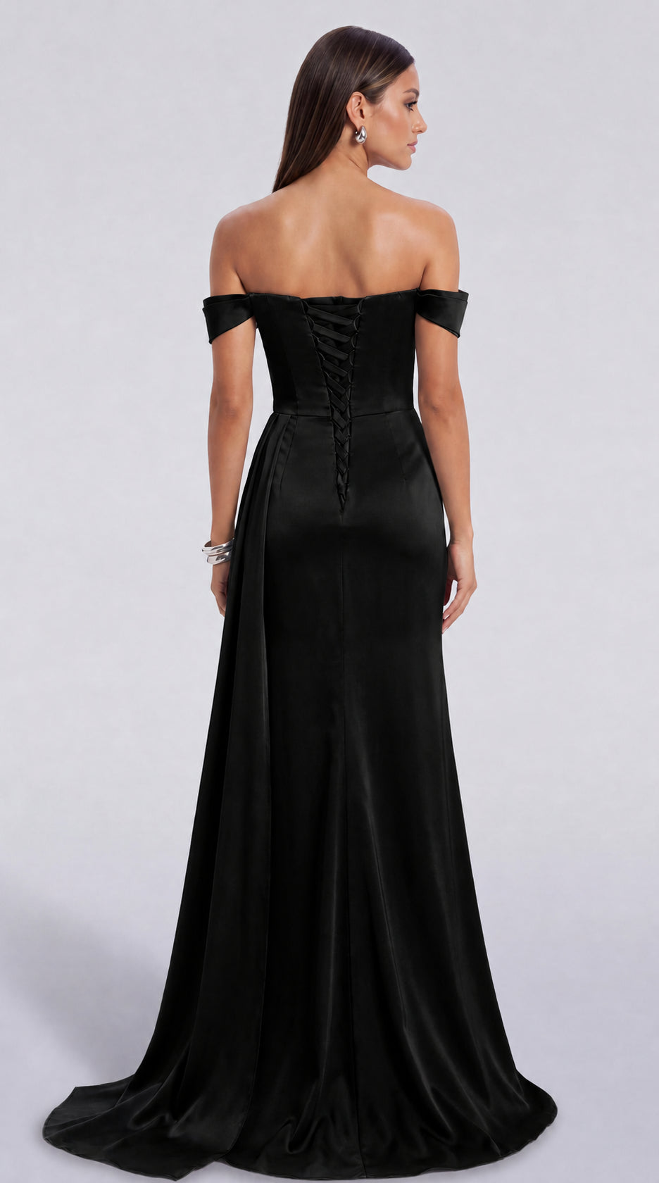 Beaded Off-Shoulder Ruched Slit Mermaid Gown with Train – Prom & Evening Dress - Black - View 8