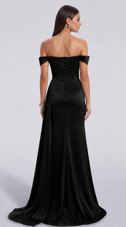 Beaded Off-Shoulder Ruched Slit Mermaid Gown with Train – Prom & Evening Dress - Black - View 8