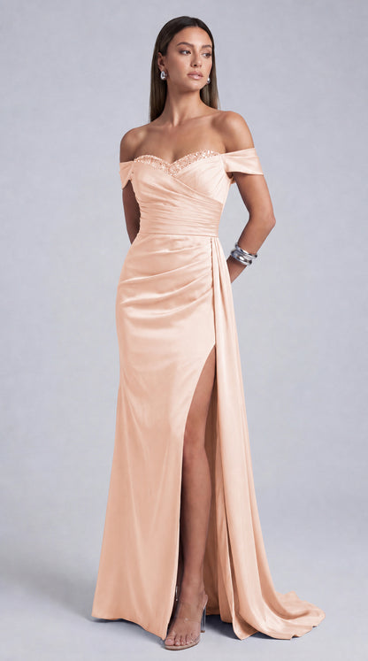 Beaded Off-Shoulder Ruched Slit Mermaid Gown with Train – Prom & Evening Dress - Blush Pink - View 3