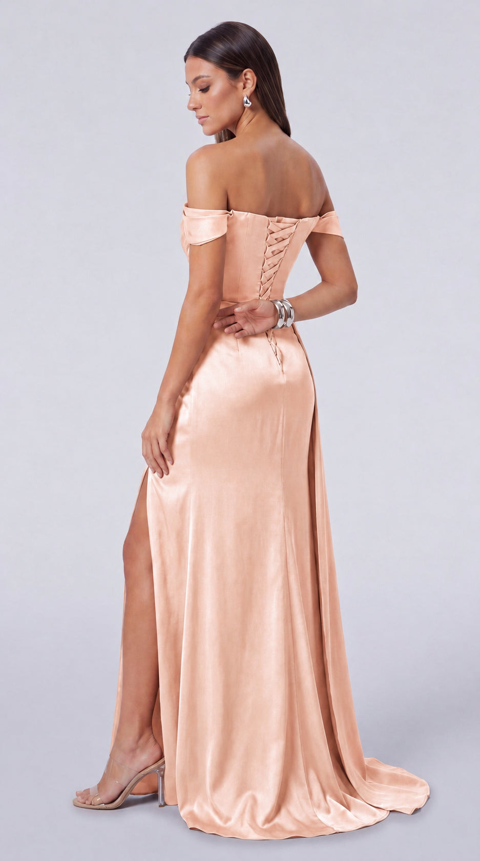 Beaded Off-Shoulder Ruched Slit Mermaid Gown with Train – Prom & Evening Dress - Blush Pink - View 6