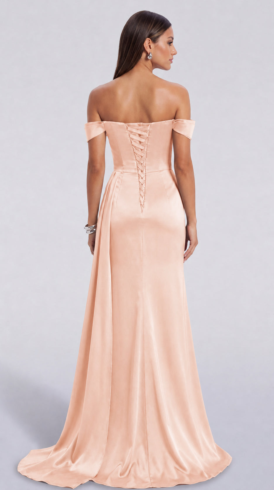 Beaded Off-Shoulder Ruched Slit Mermaid Gown with Train – Prom & Evening Dress - Blush Pink - View 8